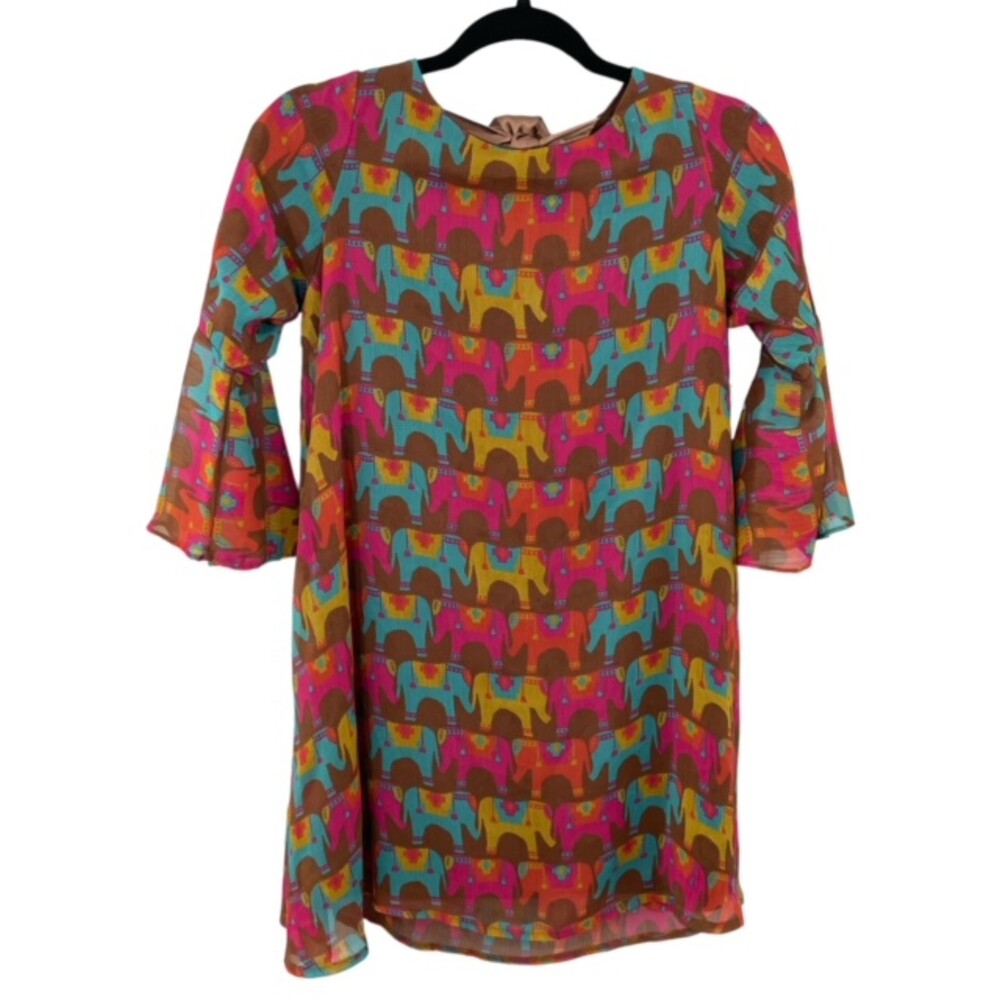 Judith March Elephant Print Bell Sleeve Tie Back Shift Dress Tunic Size SMALL